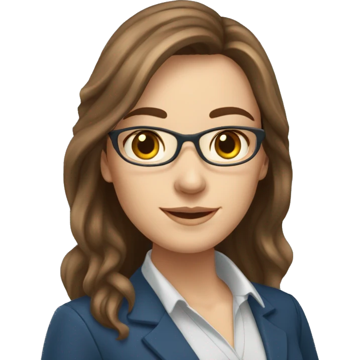 Female Teacher of English, owner of online school, brown long hair, blue eyes emoji
