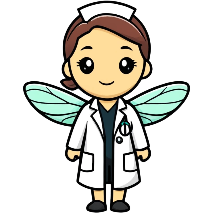 A cute female, ￼dragonfly that’s a scientist wearing a lab coat emoji