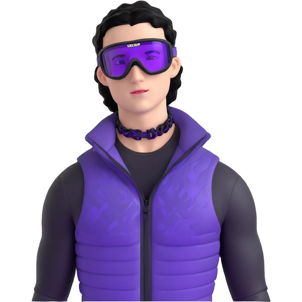 male athlete with white skin and moderately curly black hair on top with shaved sides, wearing ski goggles with purple frames and very dark black lenses, a simple plain black chain necklace, and a completely unzipped shiny vest with purple and black sequin fire pattern design, fully revealing his chest and abs, no earrings emoji