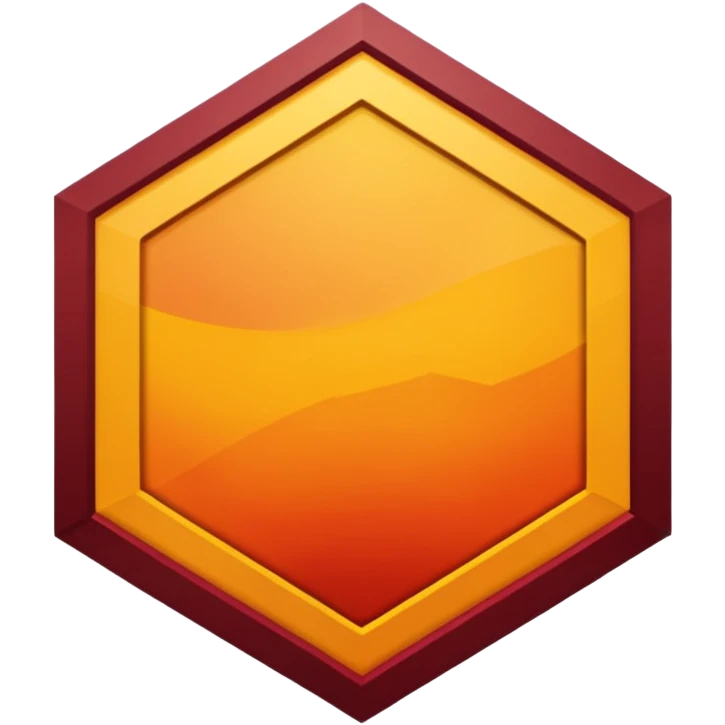 A sharp-edged hexagon with a thick yellow border that shifts slightly toward orange. The inside is a smooth dark-red to maroon gradient. In the center, add a large bold capital V colored with a yellow-orange gradient similar to the border. Keep everything clean, centered, and with no background. emoji
