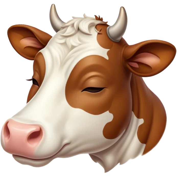 Meme-Worthy Cute Sleeping Brown and White Cow Portrait Emoji, Head resting peacefully with a contented smile, showcasing a robust build and a luxuriously soft patterned hide of brown and white, eyes shut in a serene, restful nap, Simplified yet hilariously adorable features, highly detailed, glowing with a soft, drowsy light, high shine, relaxed and utterly lovable, stylized with an air of playful laziness, bright and heartwarming, soft glowing outline, capturing the essence of a comically sleepy cow, so meme-worthy it feels like it could instantly become the next viral sensation of adorable slumber! emoji