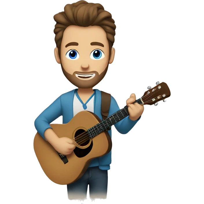 a white man with blue eyes man and brown hair an cardigan with a manbun playing guitar emoji