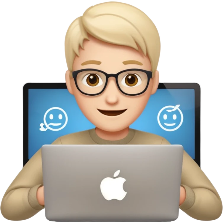 cheerful programmer coding on laptop, apple style emoji emoji