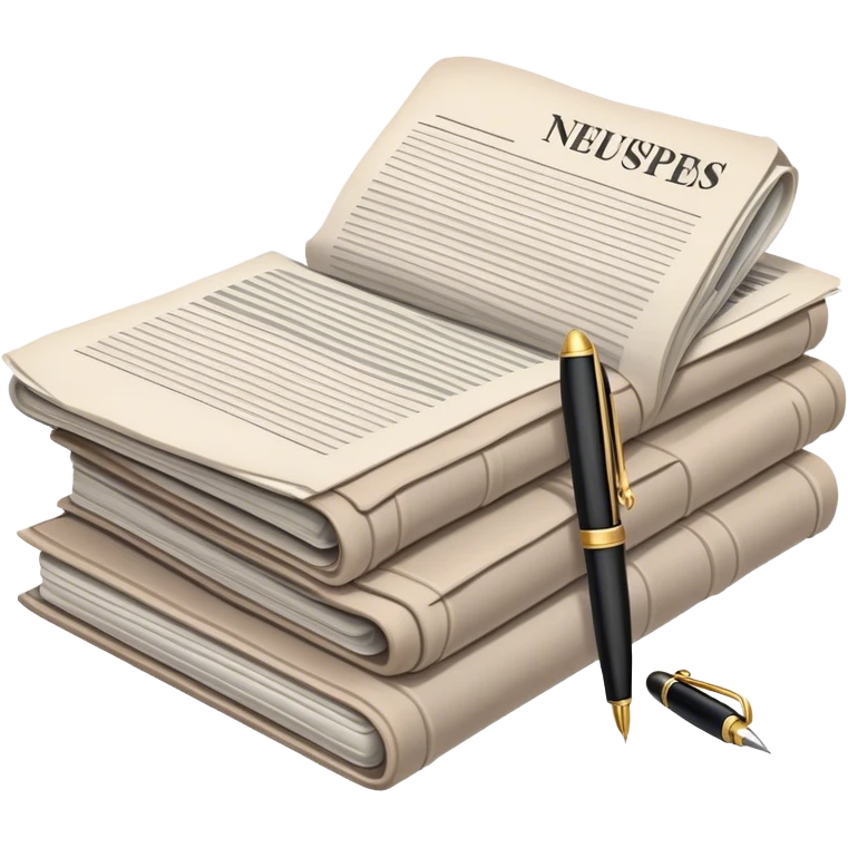 Create an emoji representing journalism and publicistic writing. The design should feature a stack of newspapers as the base, with an open working notebook placed on top of them. A single fountain pen should rest on the very top of the notebook, symbolizing the act of writing. Use neutral, professional colors like black, white, and muted tones to convey a sense of seriousness and intellect. Do not include any emojis or smiley faces. Make the background transparent. emoji