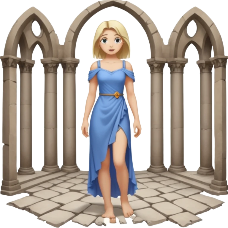 Female figure standing barefoot in ruined cathedral, dress slipping from shoulder emoji