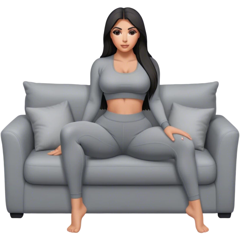 hyper-realistic kim kardashian in gray yoga pants on couch comfy emoji