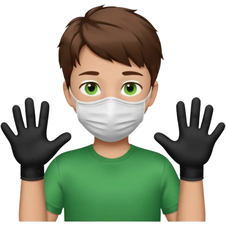 Chico de pelo marrón y ojos verdes, con un cubre boca, que tiene una camisa verde por encima de una remera blanca, y tiene un guante negro en una sola de las manos. Estilo animado emoji