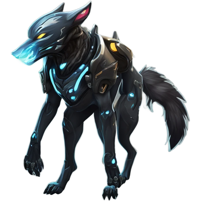 Warframe-inspired wolf Warframe with sleek biomechanical armor, a snarling wolf-like helmet, glowing eyes, and clawed gauntlets. Dark metallic colors with glowing energy lines, blending feral agility and deadly stealth. emoji