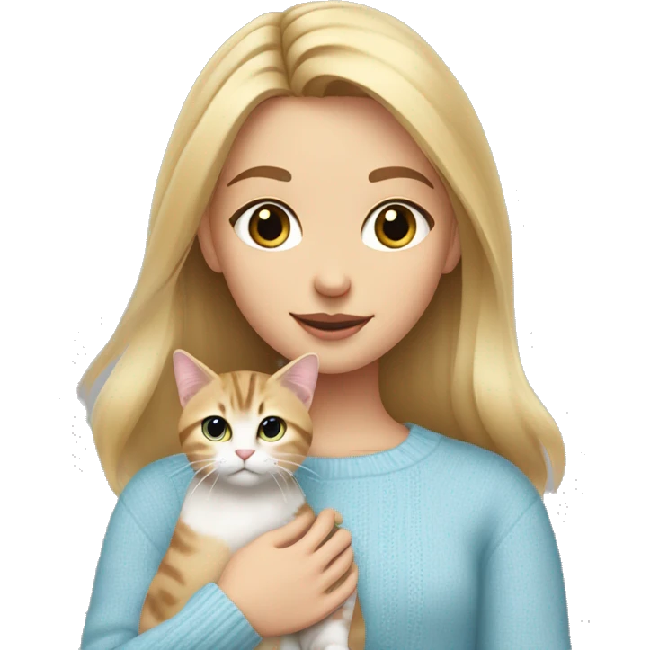Blond chin lenght hair girl in a light blue sweater holding a tabby cat with white paws and face emoji