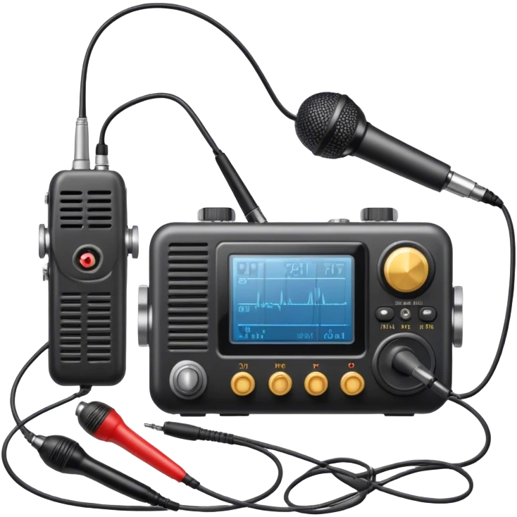 A photorealistic icon featuring a ham radio transceiver, headphones, microphone, antenna, and radio equipment like soldering tools and cables. The design includes detailed textures and realistic lighting, symbolizing the passion for amateur radio and communication. Transparent background. emoji