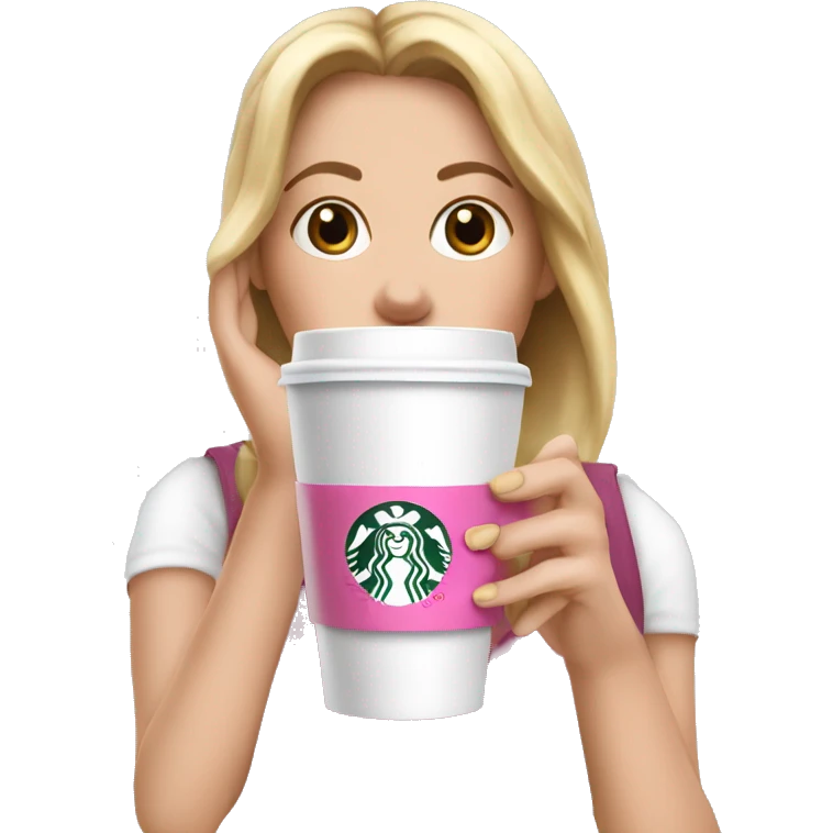 white female hand with pink nails clutching white iced star bucks coffee emoji