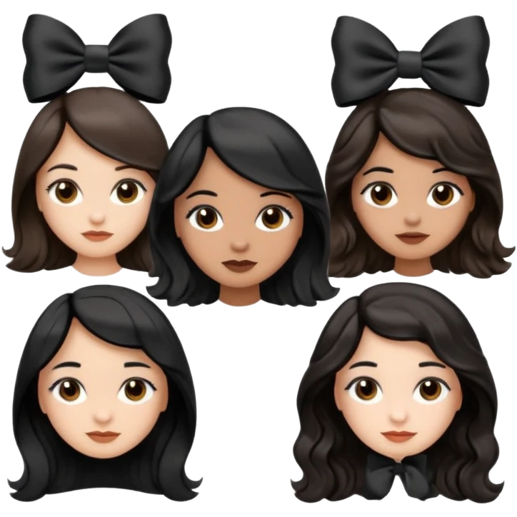 three girls with brown eyes, white and brown skin tones, first girl with completely black straight hair and a bow on her head, middle girl with black wavy hair and a bow, last girl with black voluminous loose waves and a bow, emoji style emoji