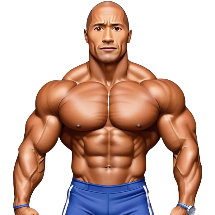 Dwayne Johnson, oiled and posing at the Mr. Universe bodybuilding championship, showcasing his muscular physique in an iconic display of strength. The background features the stage with judges and audience, capturing the intensity and prestige of the competition. Transparent background. emoji