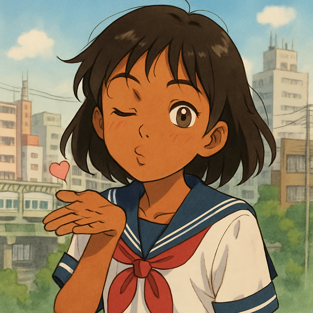 Japanese brown-skinned high school girl in a Tokyo school uniform, winking and blowing a kiss, playful and cheeky expression, anime style, with a subtle Tokyo city background emoji