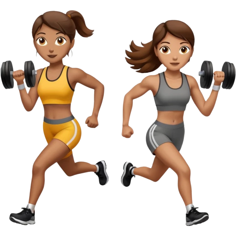 two women, one running and one lifting weights. brown hair, olive skin, hazel eyes. emoji