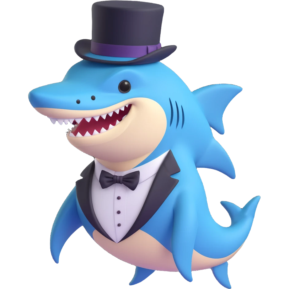 stylized shark in a tuxedo and top hat, elegant emoji
