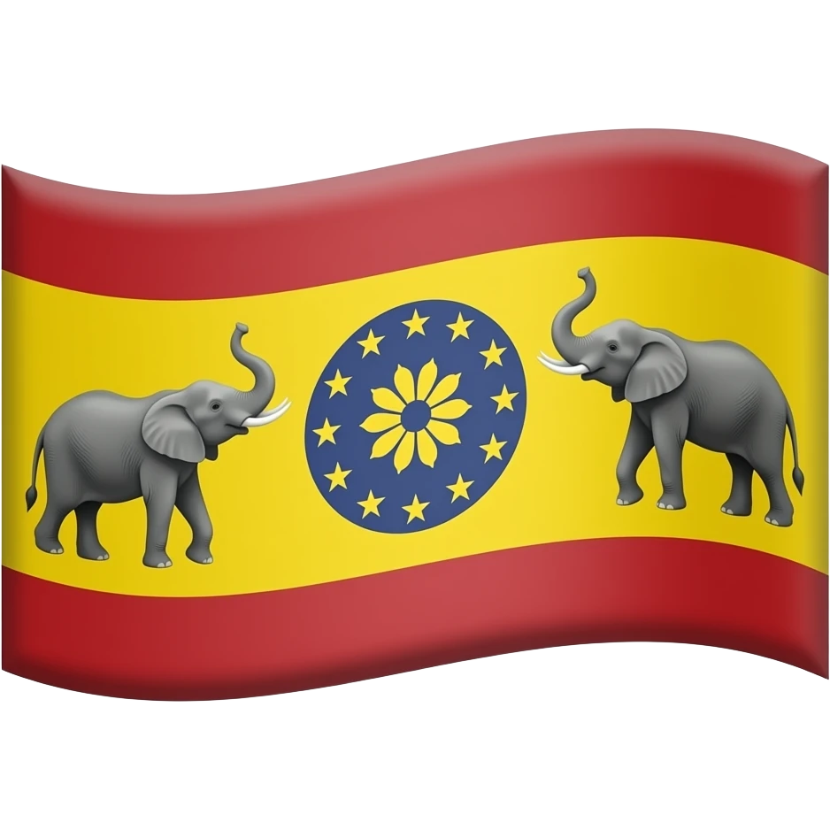 Describe the emoji is flag in the three colours one upper red middle yellow lower red in the middle yellow you create that one circle that circle had 28 stars and two elephants are one in left and another in right flee flower in centre emoji