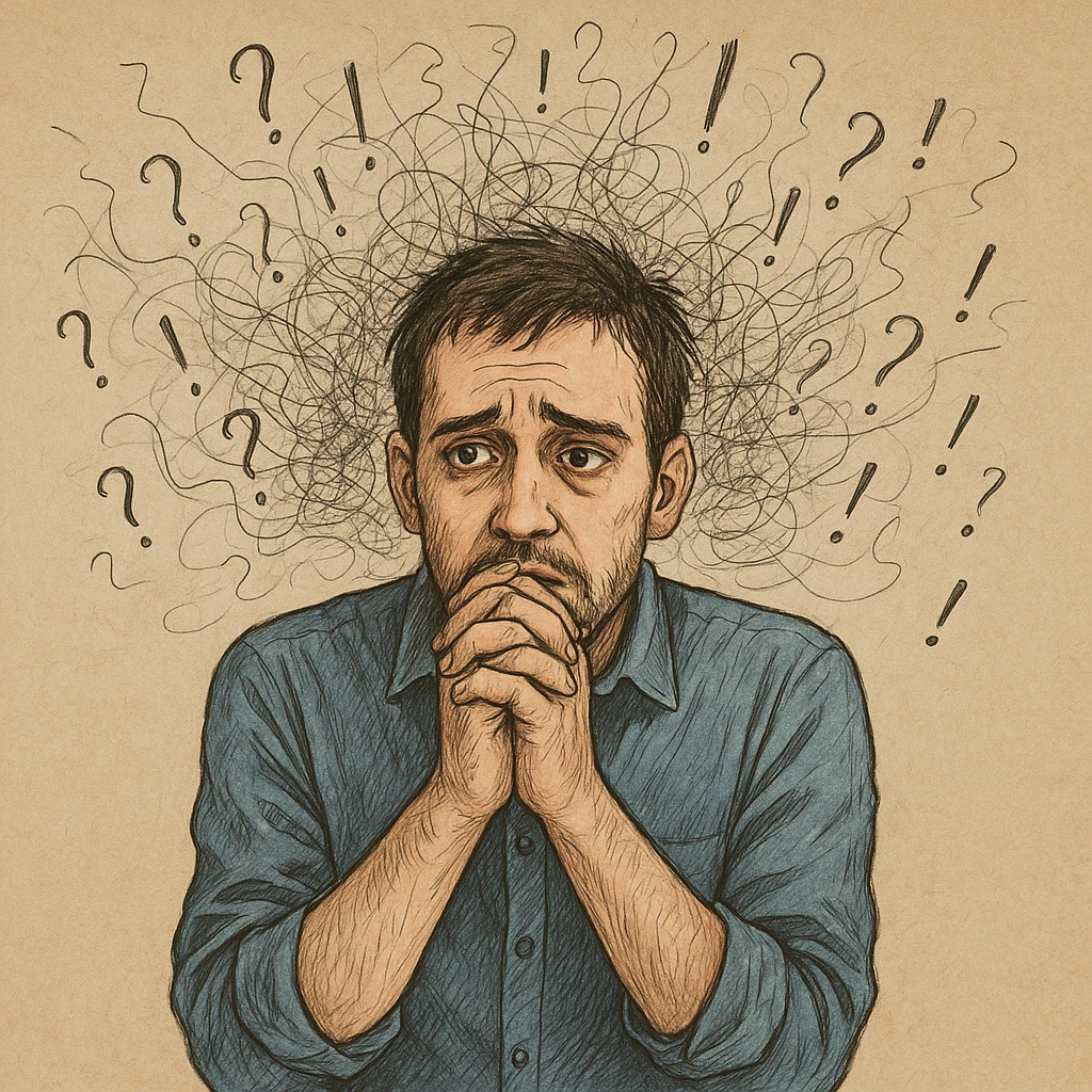 Realistic or illustrative style image of a 30-year-old man suffering from anxiety, inspired by the reference image. The man has a lost gaze, nervously clasping his hands. The background shows graphic signs of disordered thoughts, conveying an atmosphere of mental discomfort. emoji