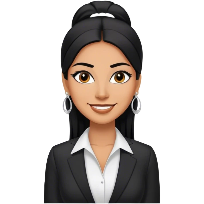 beautiful fit tall woman boss, with long straight black hair, with make up, black eye liner, smile, mexican, brown skin, wearing beautiful profesional outfit and white earings emoji