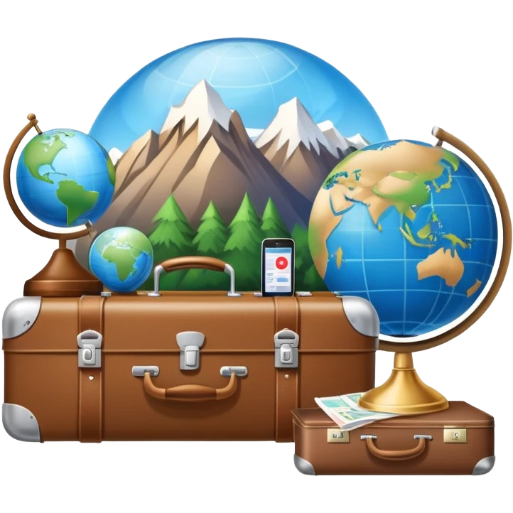 An icon featuring a suitcase, a hotel bell, and a globe, symbolizing tourism and hospitality. The design includes a scenic landmark, like a mountain or beach, and a check-in desk, representing travel and accommodation services. Transparent background emoji