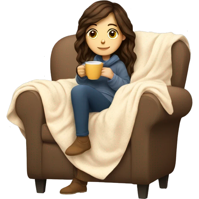 Brunette white girl covered in blanket autumn vibe sitting on a cozy chair holding coffee emoji