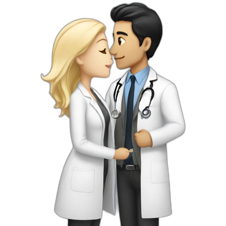 white doctor girl with black hair kissing a white man with blond hair and a jacket emoji