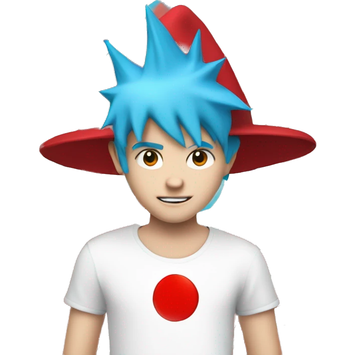 a white kid with cyan blue spiky hair with a red hat and a white shirt with a red circle in the middle and in the circle theres a red tilted line in it emoji