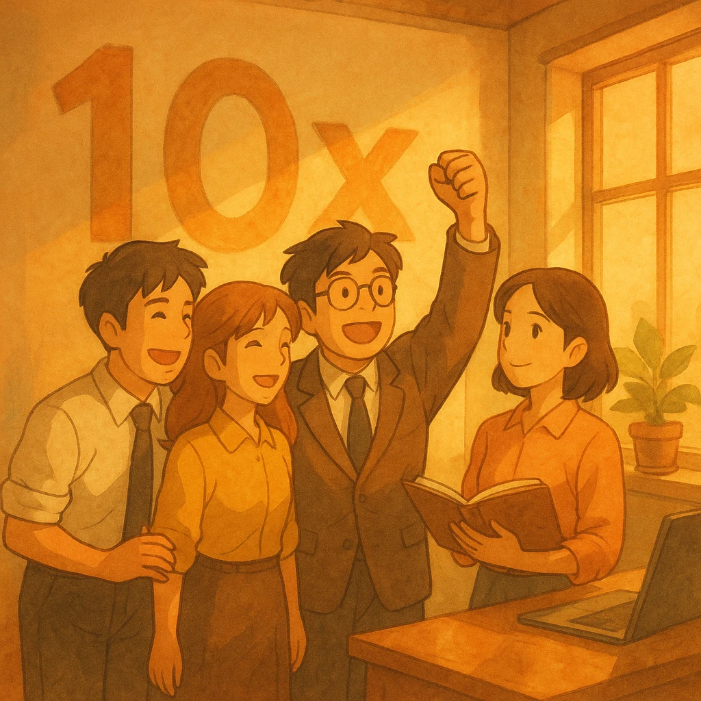 ghibli style inspirational team scene, subtle '10x' in background, warm palette emoji