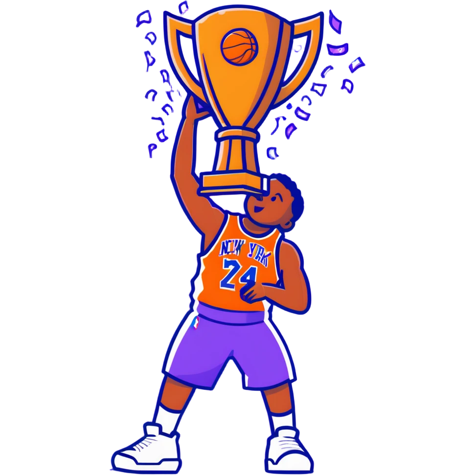 New York Knicks basketball player celebrating with NBA championship trophy, confetti, blue and orange emoji