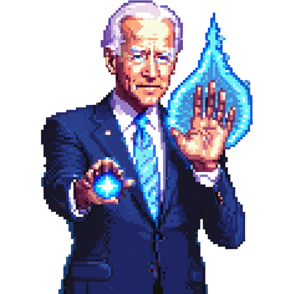 Joe Biden with a glowing blue aura shooting from his palm emoji