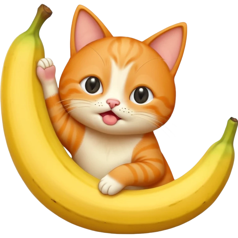 A cat with a bana body standing up and the cat is a orange cat and is a cute one holding a banana and crying emoji