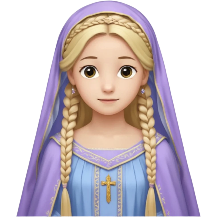 Joven de unos 20 años, de aspecto dulce y elegante.
Piel clara, ojosy expresivos, sonrisa triste.
Rubio o castaño claro, largo, con trenzas o velo.
-Vestido largo de tonos suaves (blanco, azul o lavanda), con bordados dorados; un manto o toca fina cubriendo la cabeza. de cuerpo entero  emoji