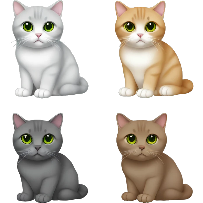 Scottish fold cat in grey with Green eyes + Brown british shorthair with Brown eyes sitting  emoji