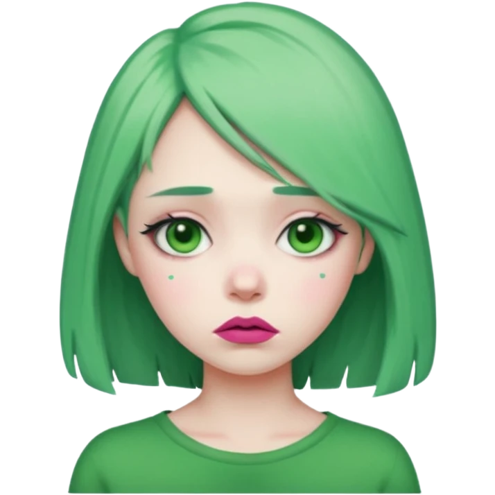 girl with green hair, pink lipstick, sad expression emoji
