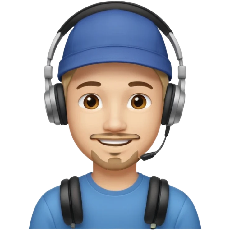 Only the head of a young guy smiling with headphones in his ears and a cap on his head turned back. emoji