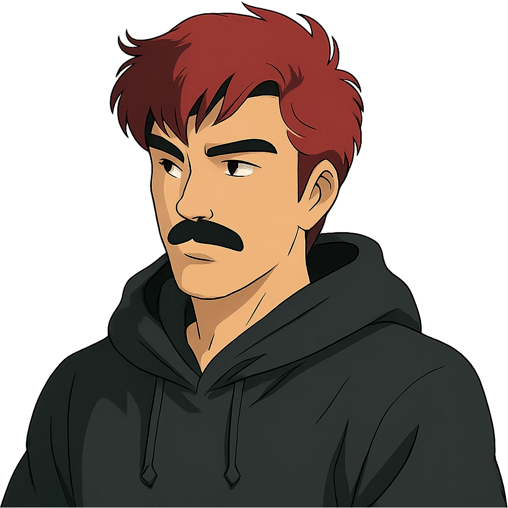 Asian man with black mustache, red hair, wearing a black hoodie, in 80's Japanese cyberpunk anime style emoji