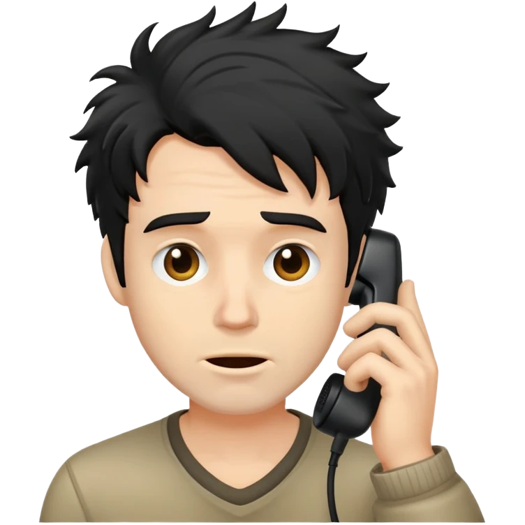 a white man with black messy hair calling emoji