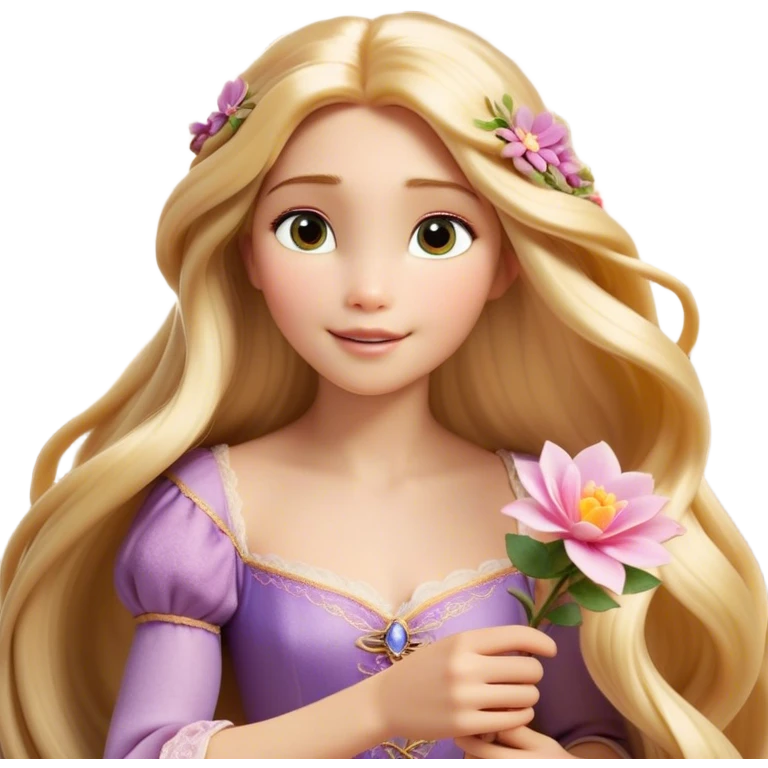 Cinematic Realistic Rapunzel Portrait, with porcelain-like skin featuring a subtle, natural glow, illuminated by soft lighting that brings out the gentle contours of her face. Her long, golden blonde hair cascades in detailed waves, each strand highlighted with a radiant shimmer as it catches the light. She playfully holds a flower in one hand, her other hand resting casually in her lap, with a warm and spirited expression. Her bright, expressive green eyes exude curiosity and warmth, framed by delicate lashes and soft, arched brows. She is dressed in her classic lavender and pink gown, the fabric textured with delicate folds that flow naturally, catching the light with a soft, radiant glow. The portrait captures a luminous, enchanting aura, seamlessly blending realism with a whimsical, fairytale charm, evoking a timeless sense of beauty and magic. emoji