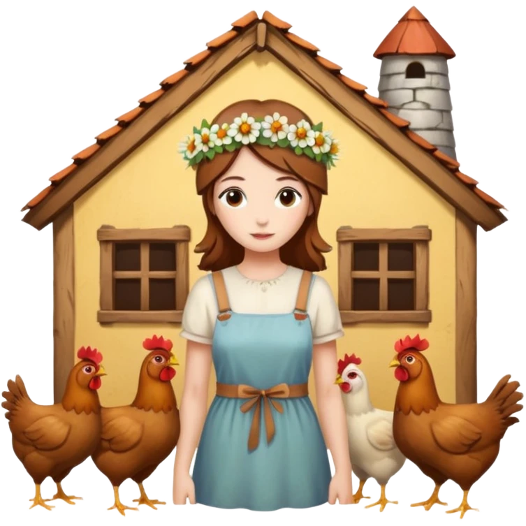 A rustic house with chicken and a hippy life emoji