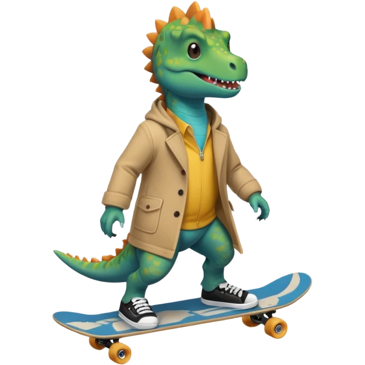 a dinosaur on a skateboard wearing a coat with sneakers in the bottom a cute pokie hairball on the top emoji