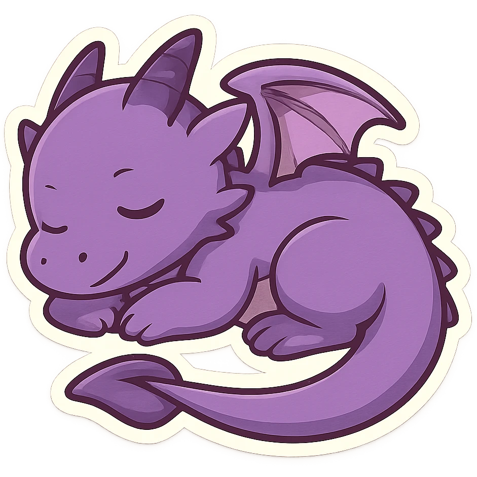 purple dragon in chibi anime style, curled up, sleeping, peaceful emoji