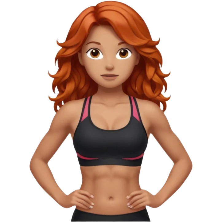 Athletic girl with long light red wavy hair and smaller boobs bigger arms. middle part and black sports bra, long hair, show stomach emoji