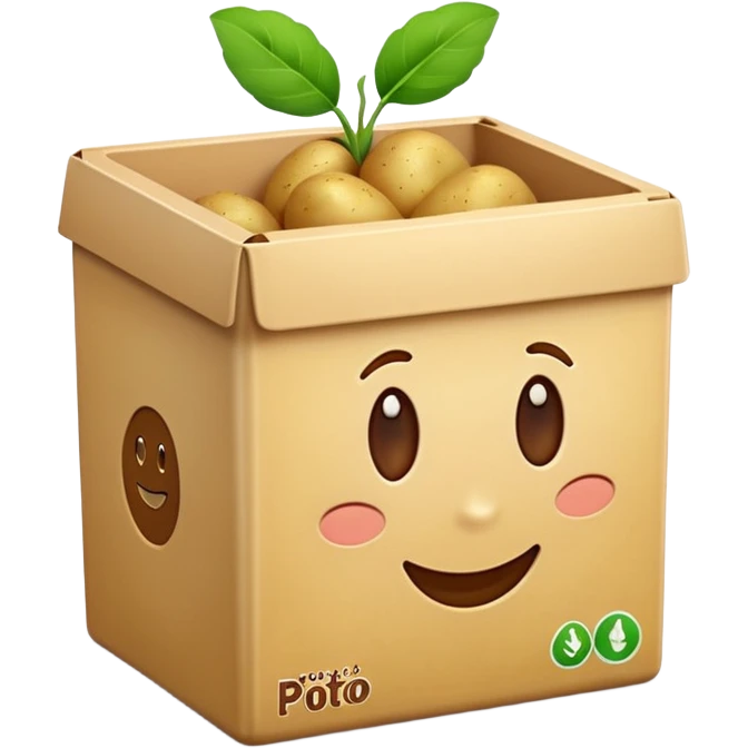 potato starch box, beige or pale yellow, clean edges, potato with green leaves, 'POTATO STARCH' in brown or orange, smooth glossy, minimal, clean 3D, soft shadows, transparent background, emoji scale emoji