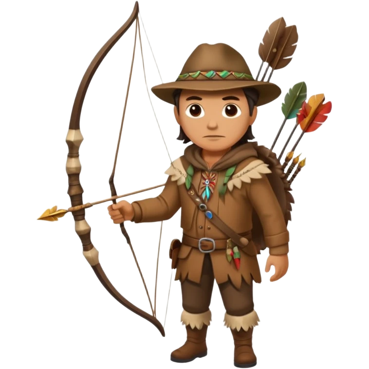 A classic middle-aged hunter, carrying a bow and arrow, dressed in brown clothes, and adorned with decorations made of feathers or bone teeth
 emoji