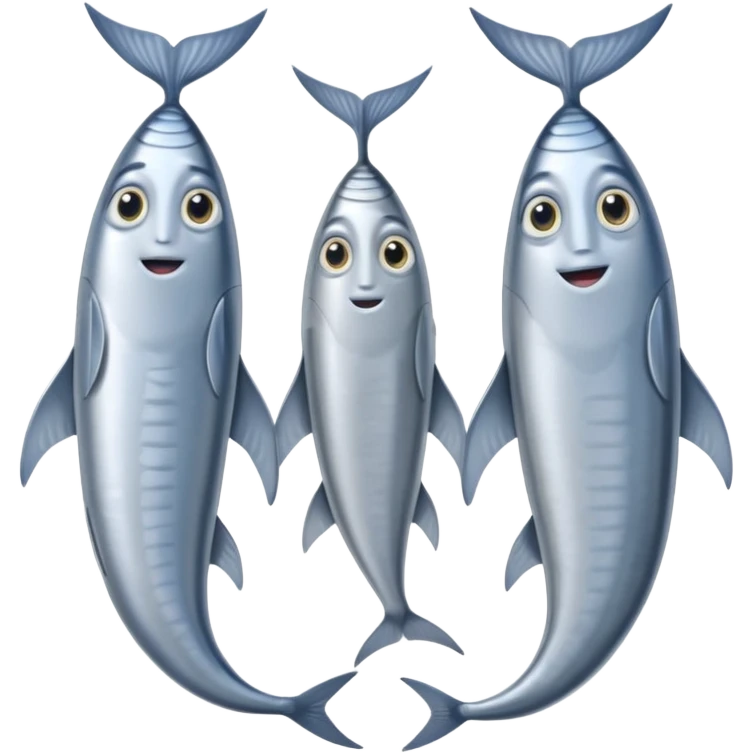 two whole sardines side by side, silvery skin, blue-gray, fine scales, slim elongated bodies, pointed heads, visible eyes, curved tails, soft lighting, emoji scale emoji