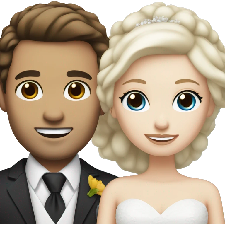 Wedding couple, groom white skin with dark brown hair and dark brown eyes, bright with white skin blonde hair and blue eyes emoji