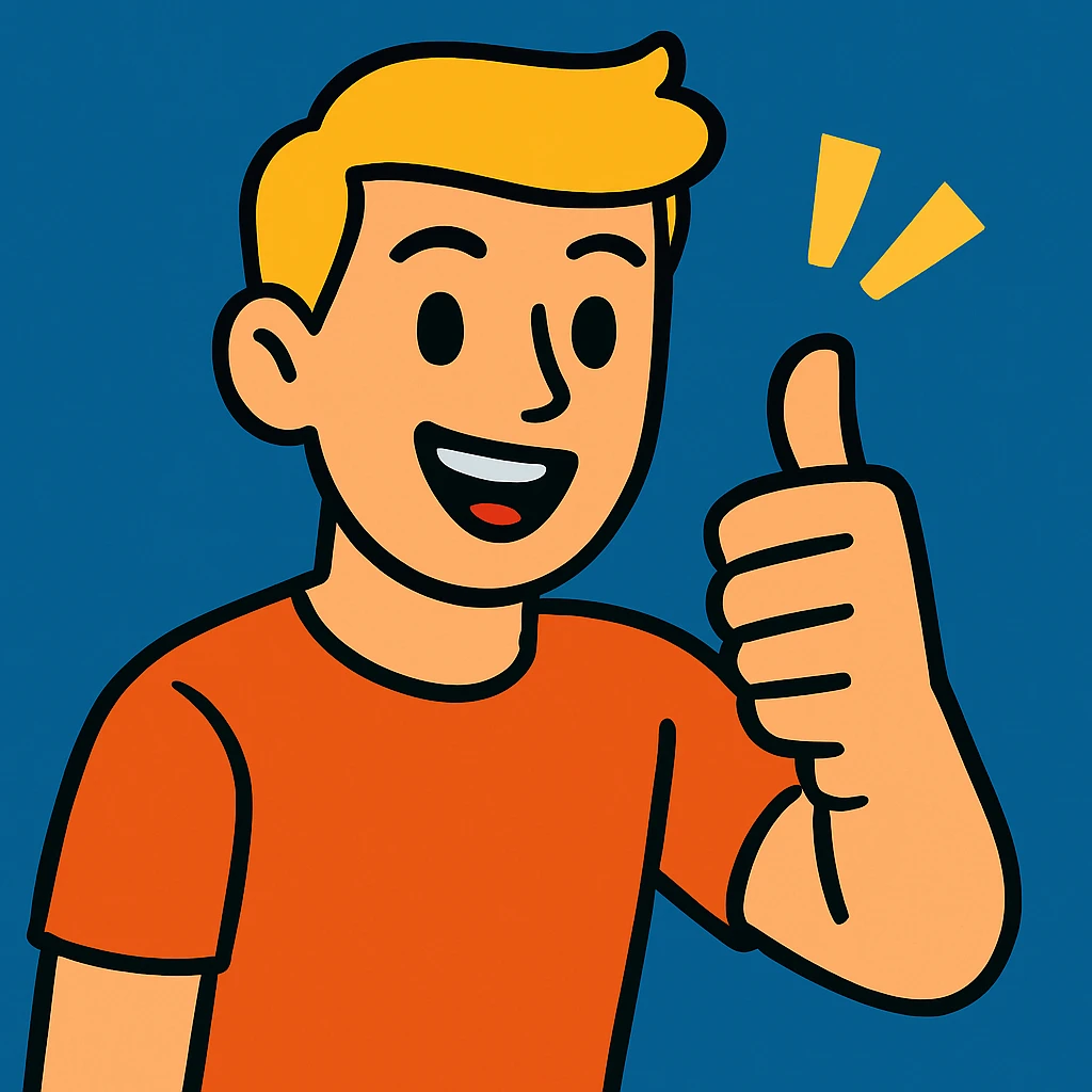 Add a blue background behind a young blond man with short hair, giving encouragement, maintaining the vibrant toon style of the image. emoji
