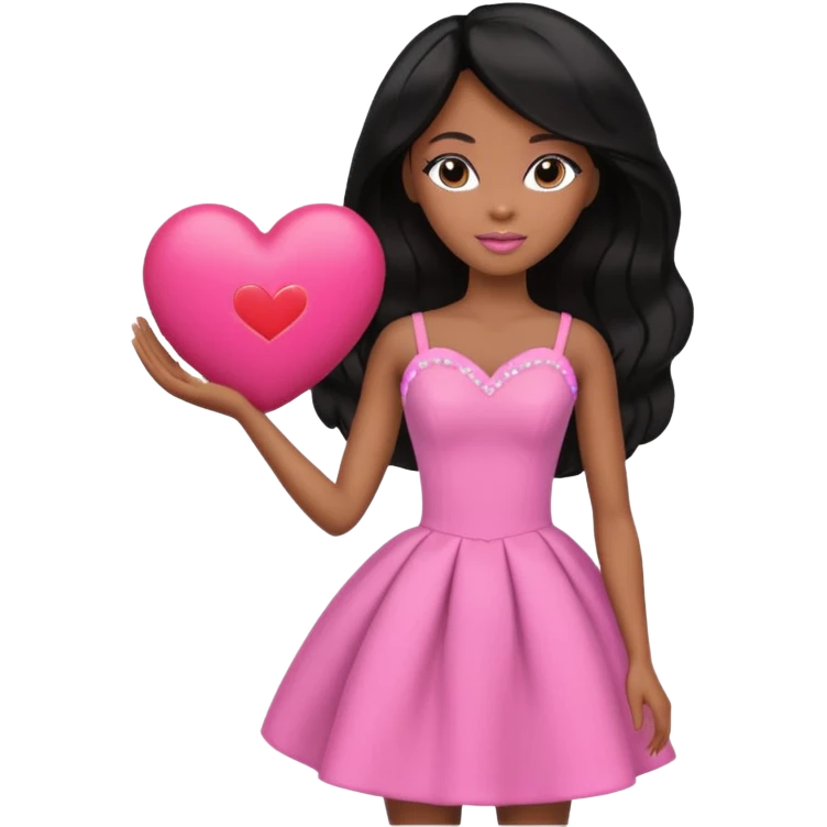 Black barbie, long black  hair, pink dress holding big heart that  visibly says "daily heart me" emoji