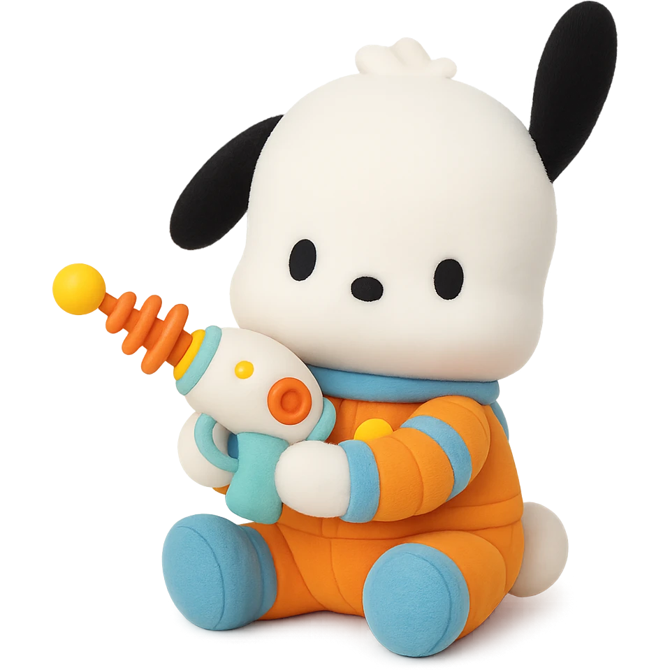 Pochacco holding a whimsical toy ray gun, white with black ears, wearing an orange and blue space explorer suit, plushy Popmart doll style, playful and adorable emoji