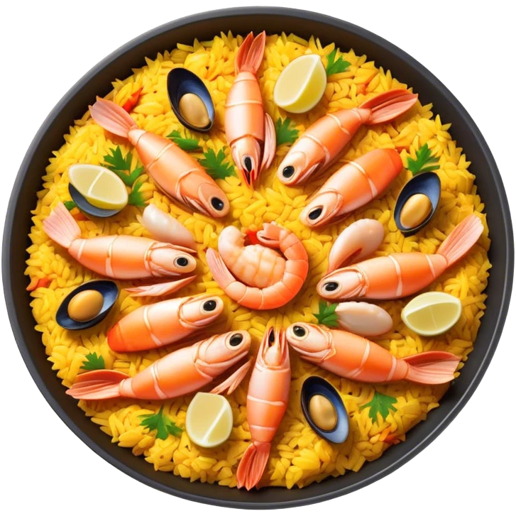 Cinematic Realistic Paella Dish Emoji, depicted as a vibrant, aromatic rice dish loaded with seafood, chicken, and saffron rendered with rich textures and dynamic, warm lighting. emoji